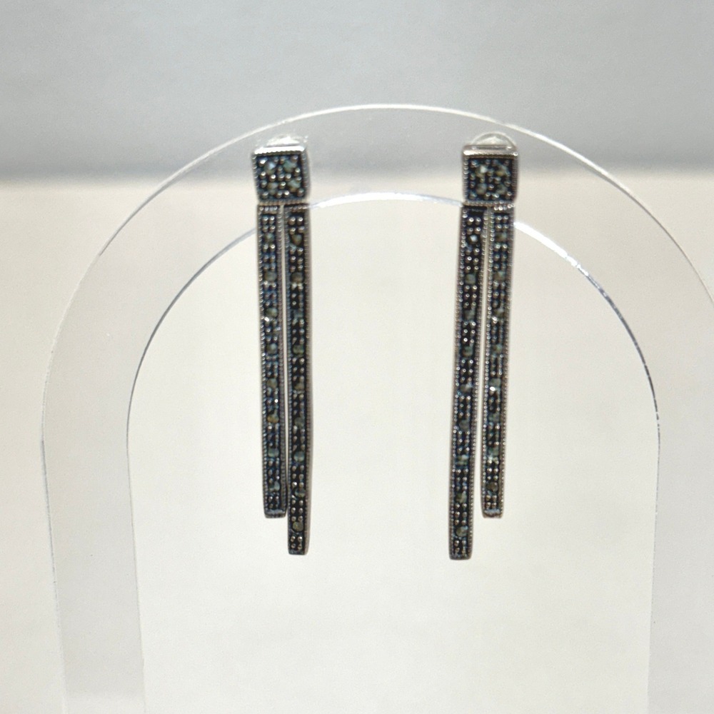 Sterling Silver 925 Marcasite Double Bar Linear Drop Earrings Art Deco Goth GUC